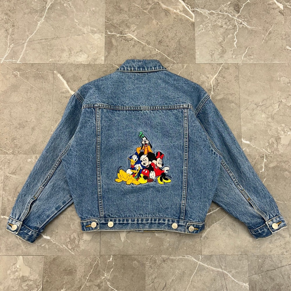 Vintage Disney Jean Jacket Youth Large Embroidered Denim Coat Mickey Minnie